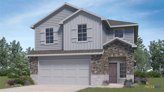 2508 Torbensen Ct, Temple, TX 76504 - view of front of home with stone siding, board and batten siding, a garage, concrete driveway, and a shingled roof
