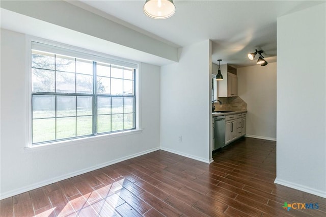 unfurnished living room with sink and dark wood-type flooring