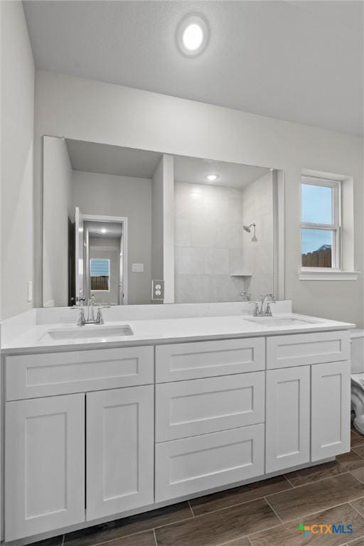 bathroom featuring walk in shower and vanity