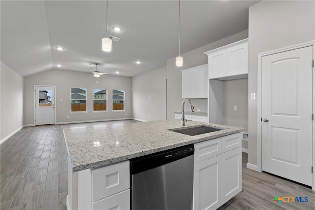 kitchen with dishwasher, sink, white cabinets, hanging light fixtures, and ceiling fan