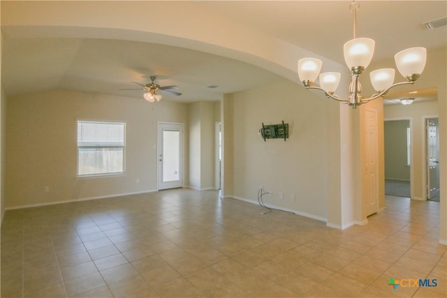 2521 Arno St, Harker Heights, TX 76548 - spare room featuring arched walkways, light tile patterned floors, vaulted ceiling, ceiling fan, and a chandelier