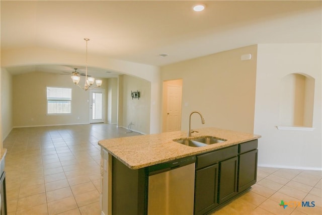 2521 Arno St, Harker Heights, TX 76548 - kitchen with green cabinetry, stainless steel dishwasher, light tile patterned flooring, a chandelier, and an island with sink
