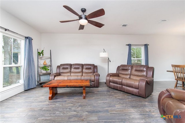 living room with a wealth of natural light, ceiling fan, and hardwood / wood-style floors