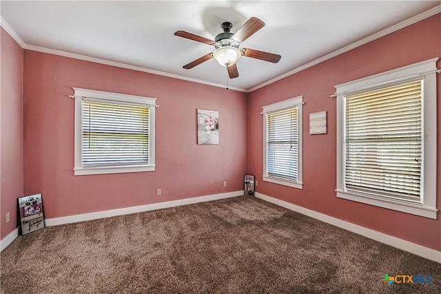 2006 Rose Cir, Harker Heights, TX 76548 - spare room featuring crown molding, dark carpet, and a ceiling fan