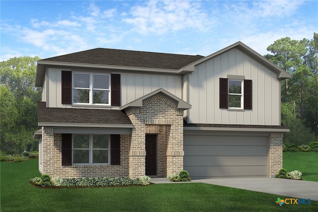 view of front facade with driveway, brick siding, an attached garage, and a front yard