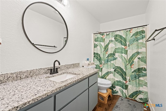 3801 Joshua Taylor Dr, Killeen, TX 76549 - bathroom with wood finished floors, vanity, toilet, and a shower with curtain