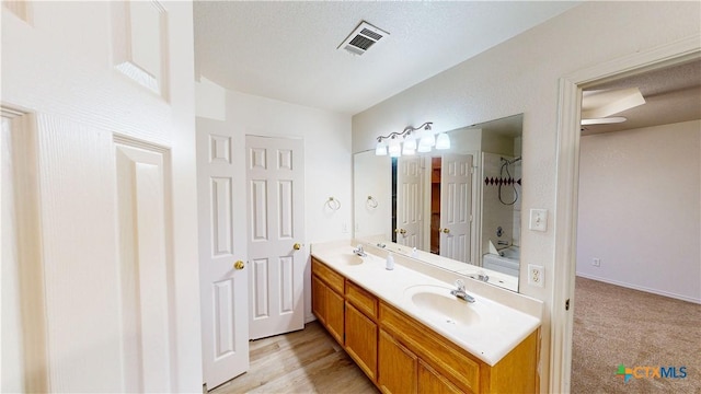 bathroom with visible vents, a sink, a textured ceiling, and double vanity