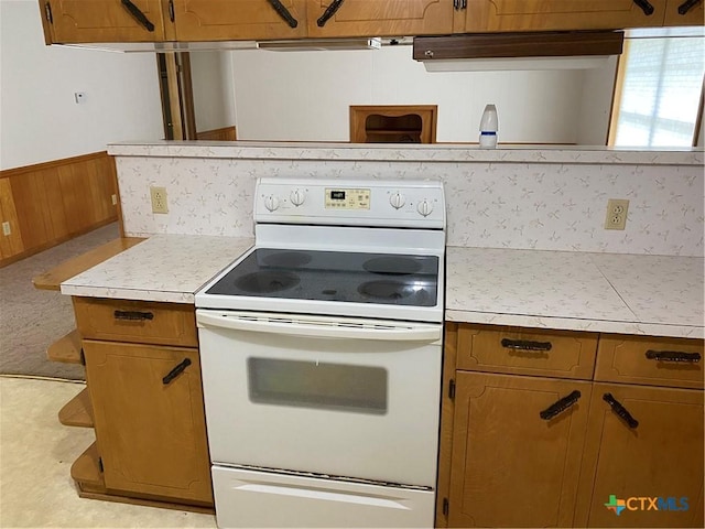 589 Bluebonnet Ln, Yoakum, TX 77995 - kitchen featuring light countertops, white electric range oven, brown cabinetry, and a wainscoted wall