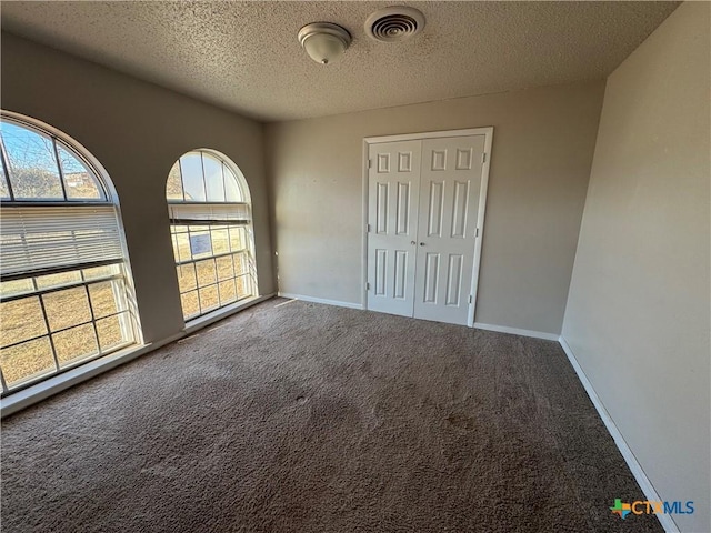 unfurnished bedroom featuring multiple windows, carpet, a closet, and a textured ceiling