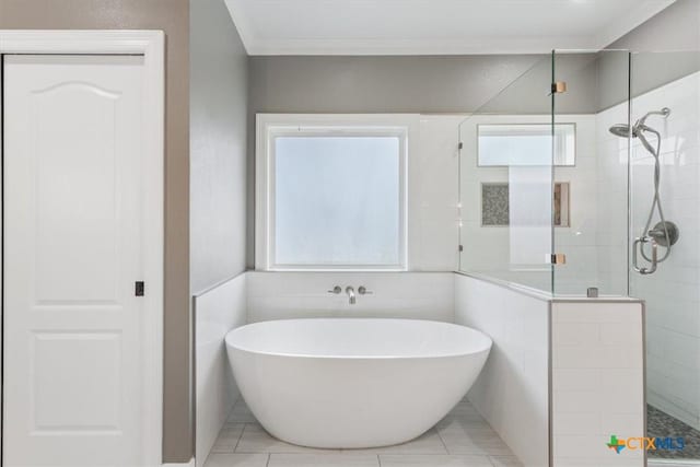 bathroom with a healthy amount of sunlight, a stall shower, a freestanding tub, and crown molding