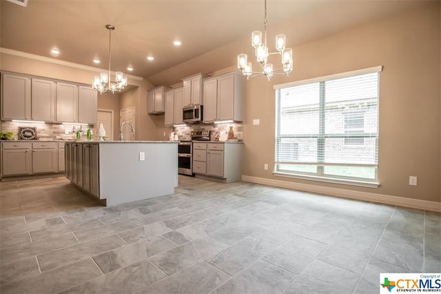 kitchen featuring a kitchen island with sink, decorative backsplash, stainless steel appliances, and pendant lighting