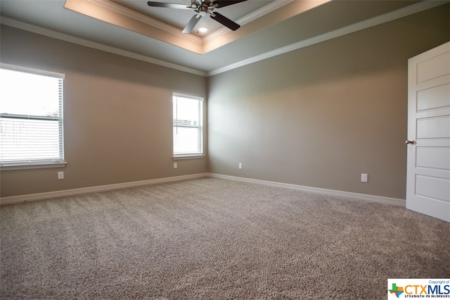 carpeted empty room with ceiling fan, crown molding, and a raised ceiling