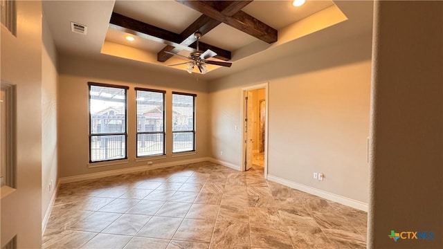 empty room with beam ceiling, ceiling fan, and coffered ceiling