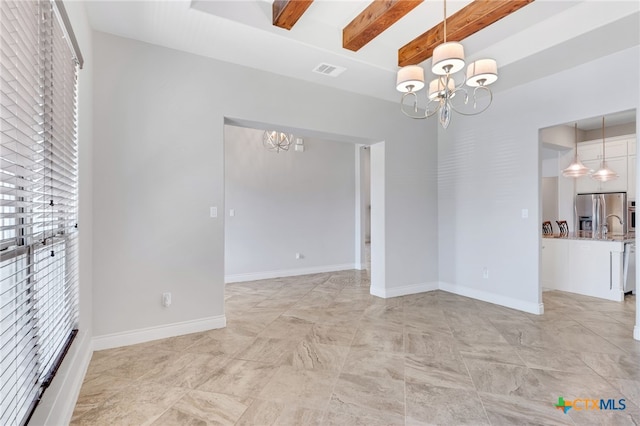 unfurnished room with beam ceiling and an inviting chandelier