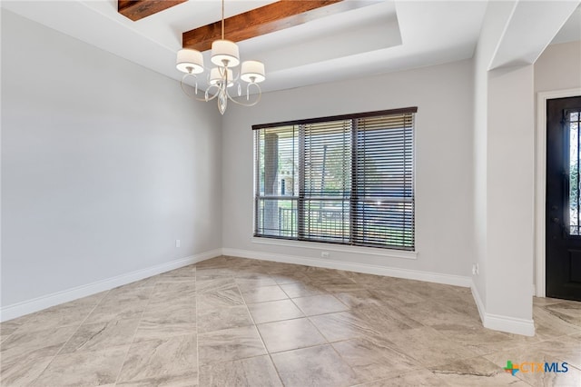 unfurnished room featuring beamed ceiling and a chandelier