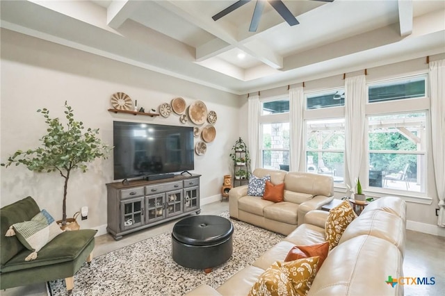 living room with baseboards, plenty of natural light, beamed ceiling, and coffered ceiling