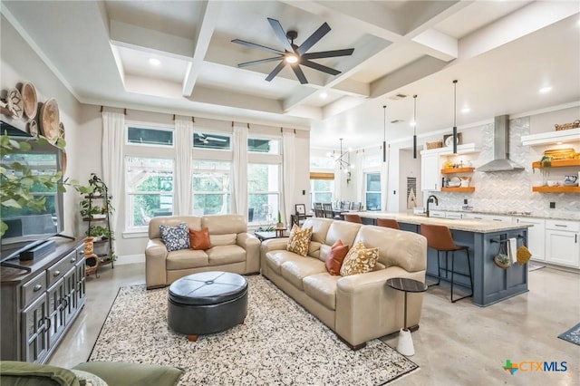 living room featuring a ceiling fan, recessed lighting, finished concrete floors, beamed ceiling, and coffered ceiling