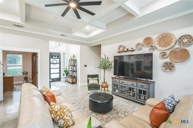 living area featuring visible vents, coffered ceiling, ceiling fan, and beamed ceiling