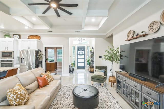 living area with ceiling fan, visible vents, beam ceiling, coffered ceiling, and recessed lighting
