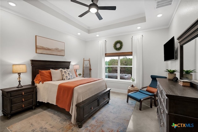 bedroom with ornamental molding, recessed lighting, and visible vents