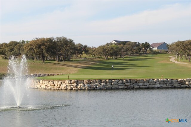 view of community with a water view and a lawn