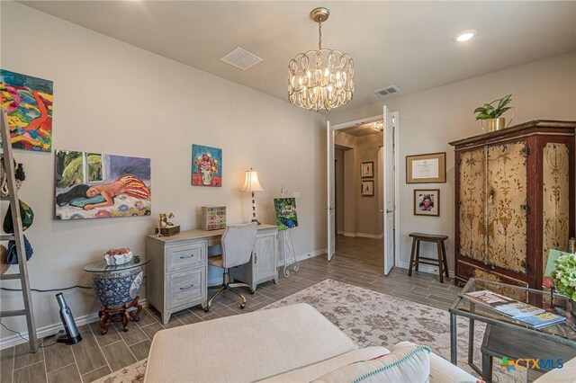 home office with baseboards, wood tiled floors, a chandelier, and recessed lighting