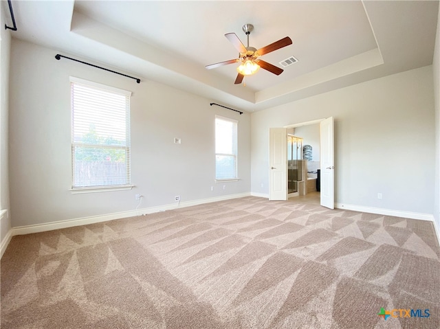 414 Field Corn Ln, San Marcos, TX 78666 - unfurnished room featuring a tray ceiling, light colored carpet, and ceiling fan