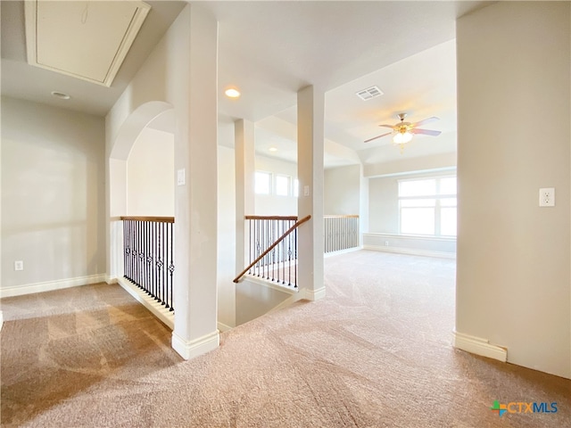 414 Field Corn Ln, San Marcos, TX 78666 - corridor featuring attic access, carpet floors, an upstairs landing, and recessed lighting