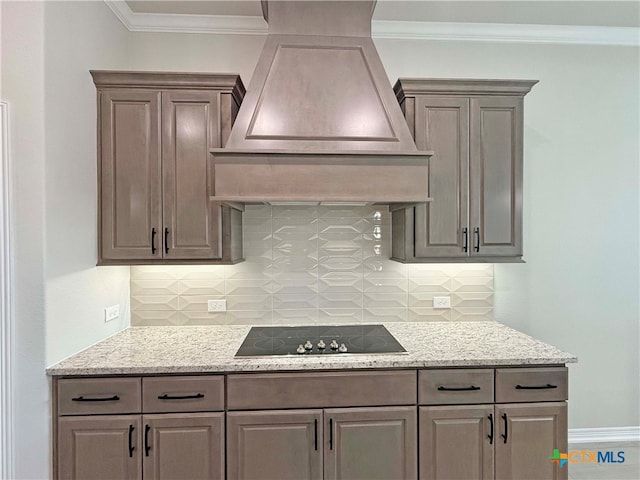 kitchen featuring decorative backsplash, custom exhaust hood, black electric cooktop, and crown molding