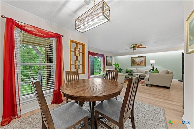 3921 Cripple Creek Dr, Temple, TX 76502 - dining space with light wood-style floors, ceiling fan, crown molding, and baseboards
