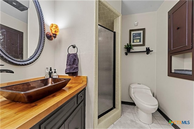 3921 Cripple Creek Dr, Temple, TX 76502 - bathroom with a stall shower, tile patterned floors, toilet, vanity, and baseboards