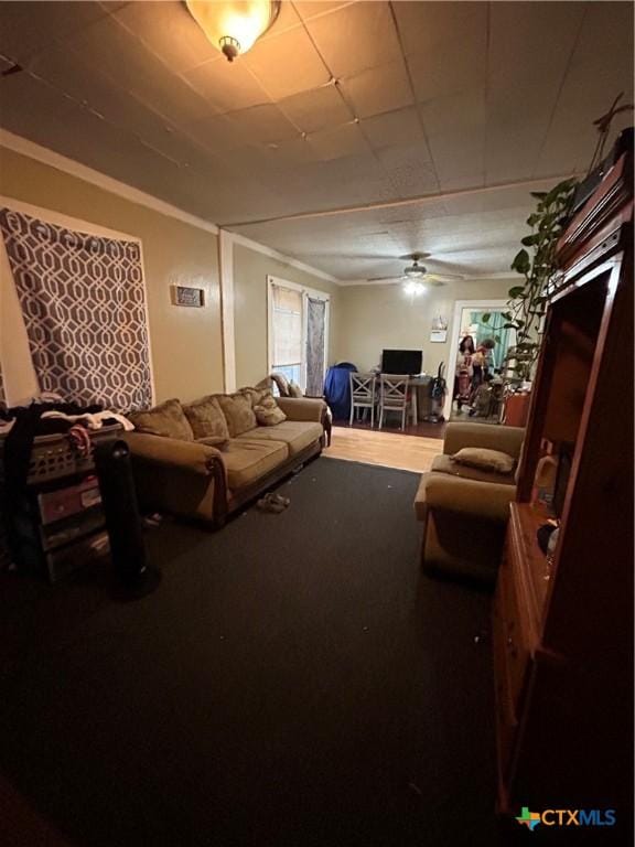 living room with a ceiling fan and crown molding