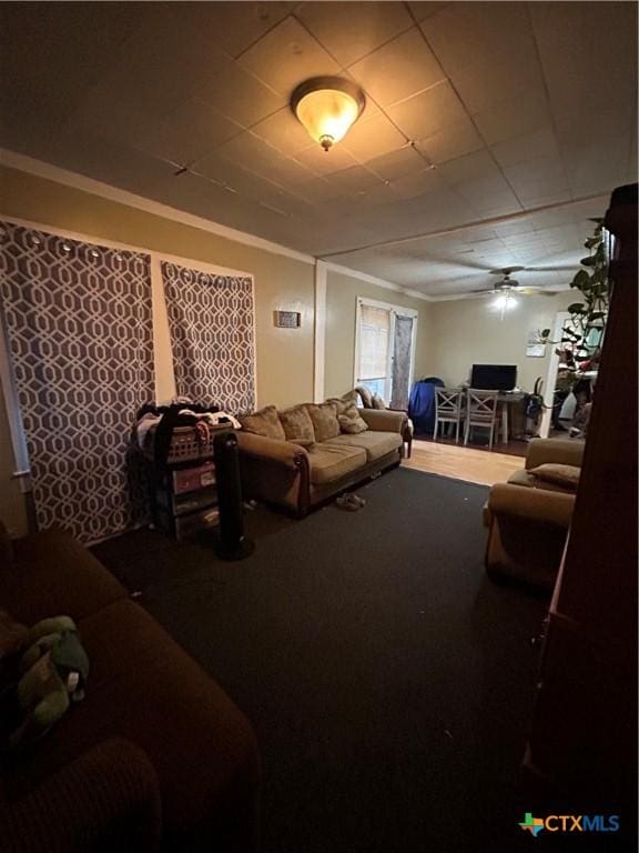 living room with ornamental molding