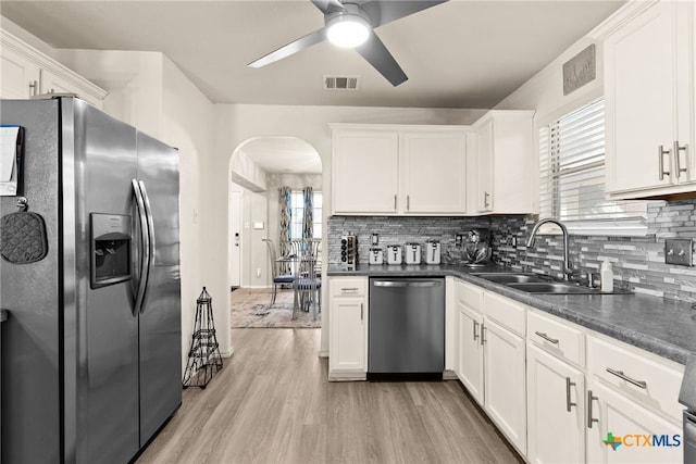 kitchen with white cabinets, stainless steel appliances, light hardwood / wood-style flooring, and sink