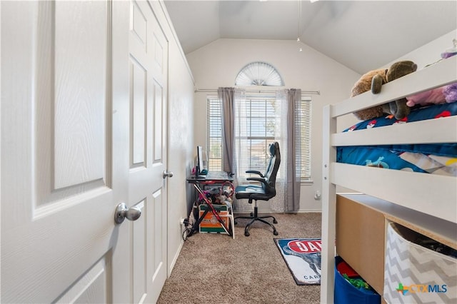 bedroom featuring lofted ceiling and carpet floors