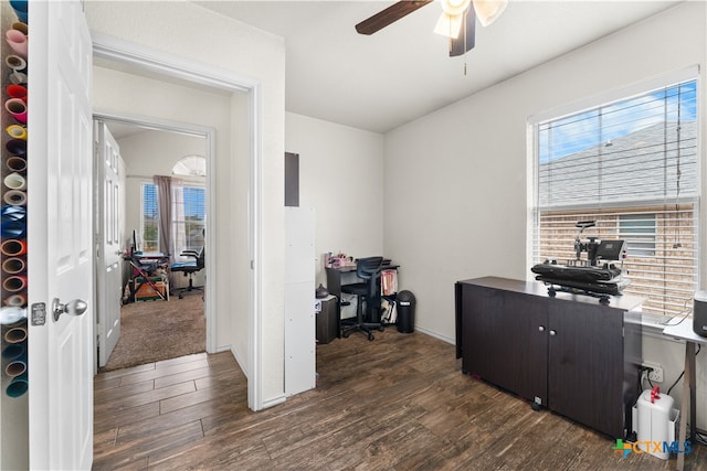 office space featuring dark wood-type flooring and a ceiling fan