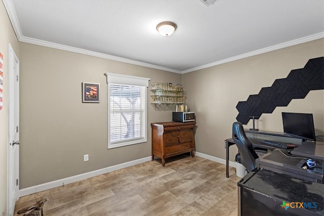 office area featuring light hardwood / wood-style flooring and crown molding