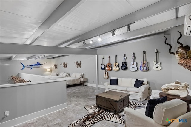 living room with beam ceiling