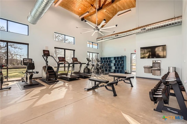 workout area with ceiling fan, high vaulted ceiling, and wooden ceiling