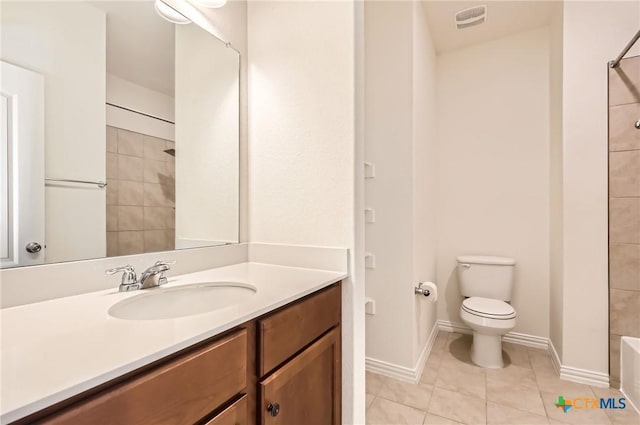 full bathroom with tile patterned floors, vanity, toilet, and tiled shower / bath combo