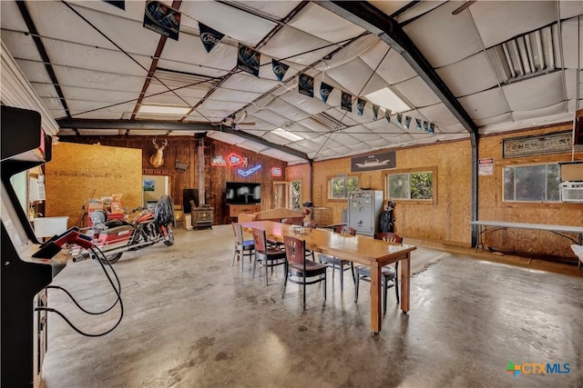 garage with wood walls