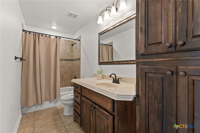 bathroom featuring shower / tub combo, visible vents, toilet, tile patterned flooring, and vanity