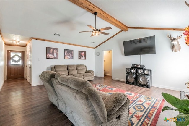 living room with visible vents, lofted ceiling with beams, wood finished floors, baseboards, and ceiling fan