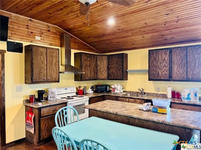 kitchen with dark brown cabinetry, wall chimney exhaust hood, sink, and white range with electric stovetop