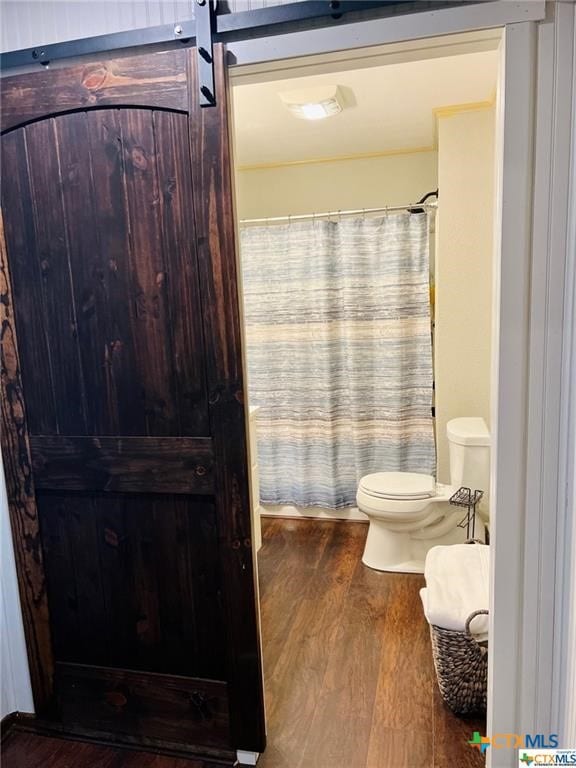 bathroom featuring a shower with shower curtain, toilet, and hardwood / wood-style floors