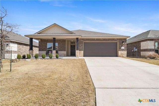 view of front of property featuring driveway, an attached garage, covered porch, a front lawn, and brick siding