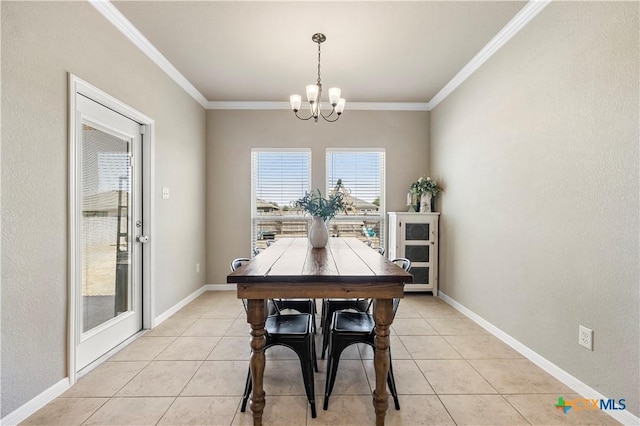 dining area featuring light tile patterned floors, baseboards, ornamental molding, and a notable chandelier