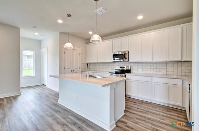 3644 Meteor Rd, New Braunfels, TX 78130 - kitchen with decorative backsplash, a sink, visible vents, stainless steel appliances, and light countertops