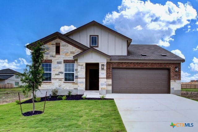 3644 Meteor Rd, New Braunfels, TX 78130 - view of front of home with board and batten siding, a garage, driveway, stone siding, and a front lawn