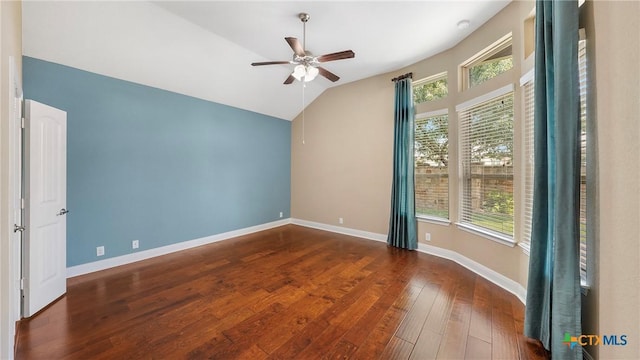 322 Wauford Way, New Braunfels, TX 78132 - spare room featuring a ceiling fan, lofted ceiling, hardwood / wood-style floors, and baseboards
